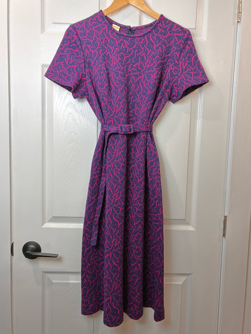 Vintage 1980s Purple Pink Abstract Print Belted Midi Dress Approx Size 8